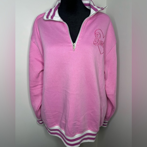 Barbie Pink Track Suit Pullover Top with 1/4 Zipper Sweatshirt Womens size Large - Picture 2 of 8